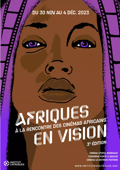 a graphic of a Black woman with purple braids creatively made to look like traditional film